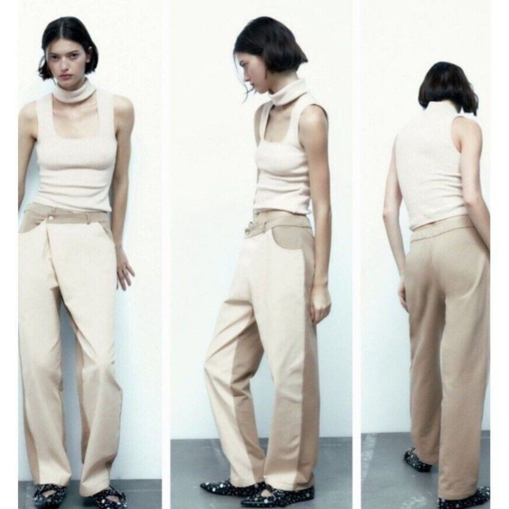 Zara Crossover Pants Rustic Contrasting High Waist.
